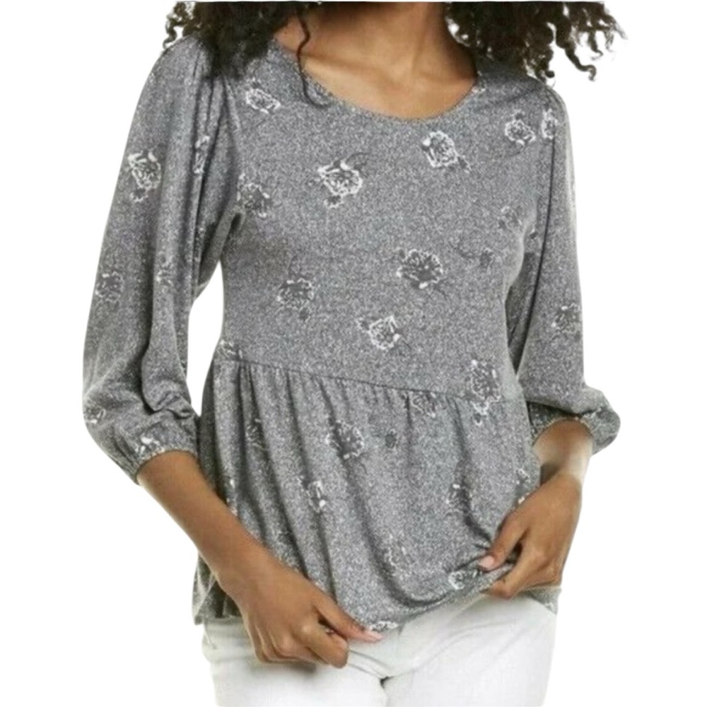 Bobeau Gray Floral‎ 3/4 Sleeve Peplum Top Womens Small